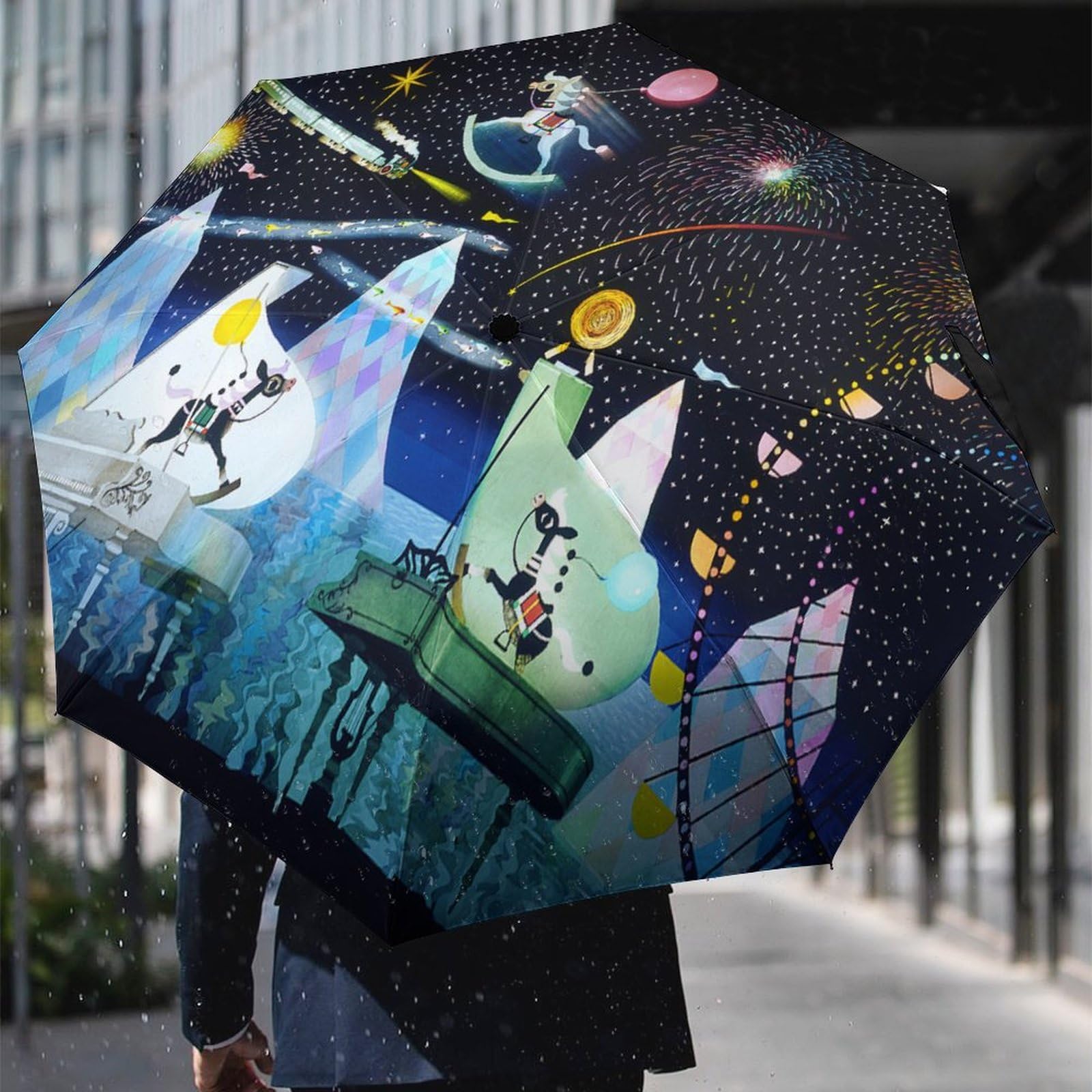 Amazon.co.jp: 藤城清治 星空の木馬 折りたたみ傘 軽量 日傘 晴雨兼用